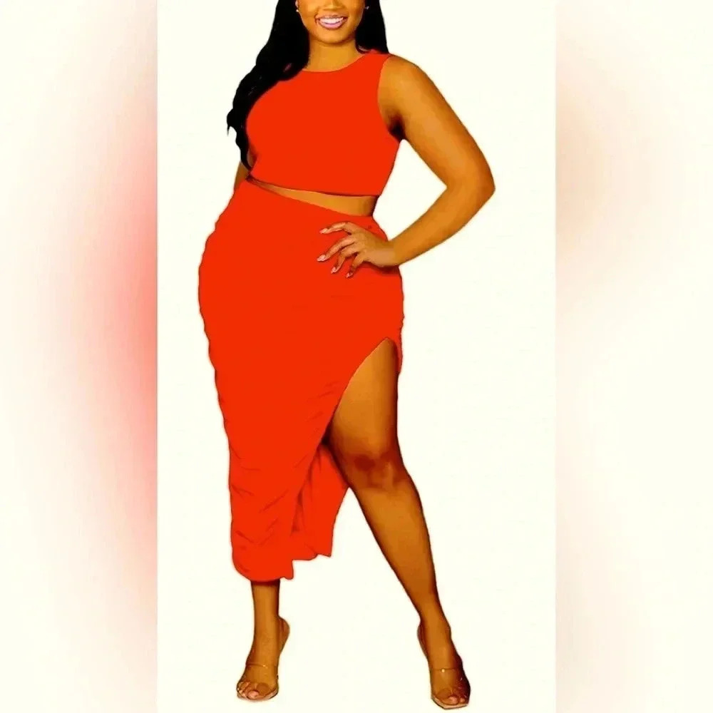 Lexiart Stretchy 2 Piece Dresses Bodycon Tanks Crop Top Bandage Midi Skirt Suits